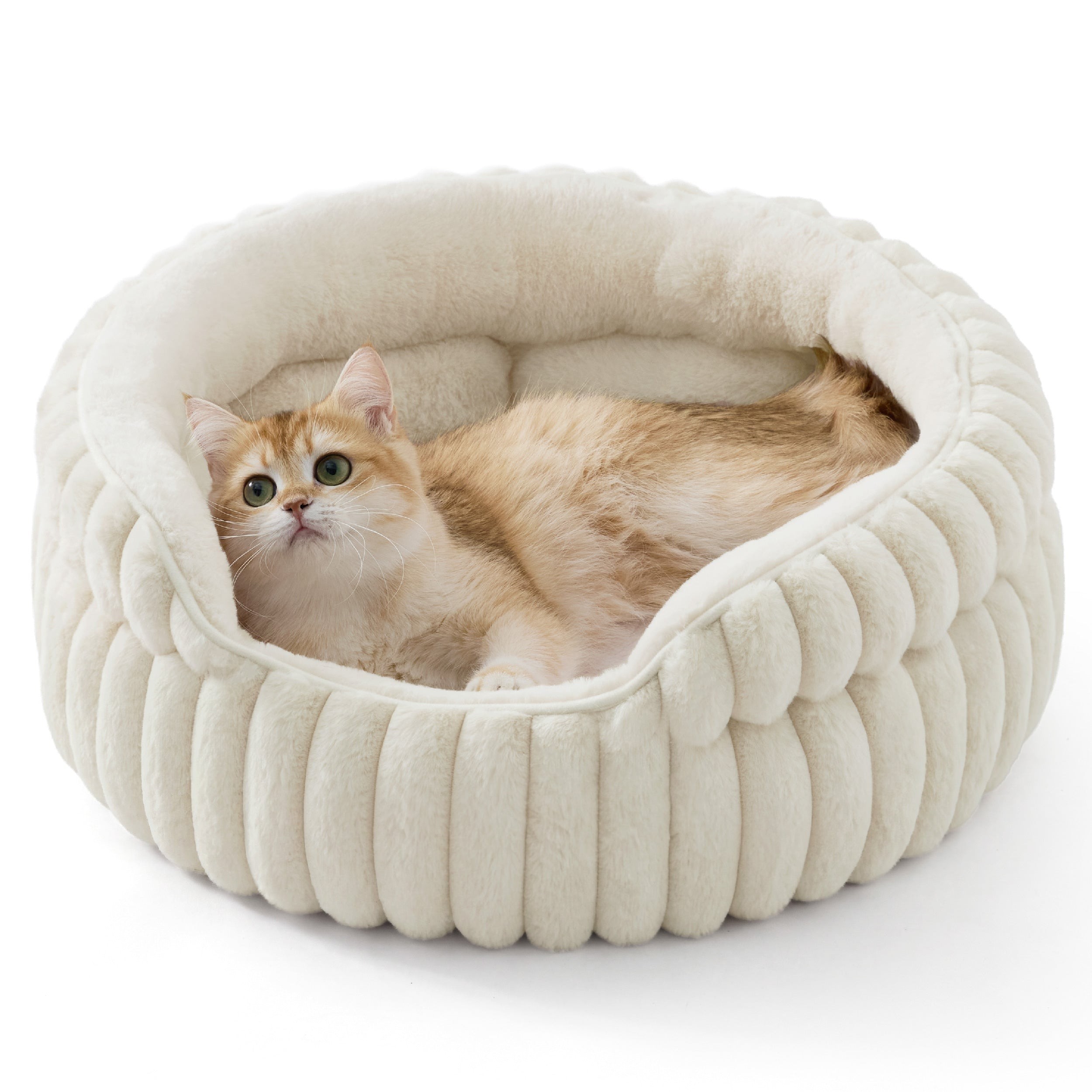 Corduroy Cat Bed with Removable Faux Fur Cushion - Cream