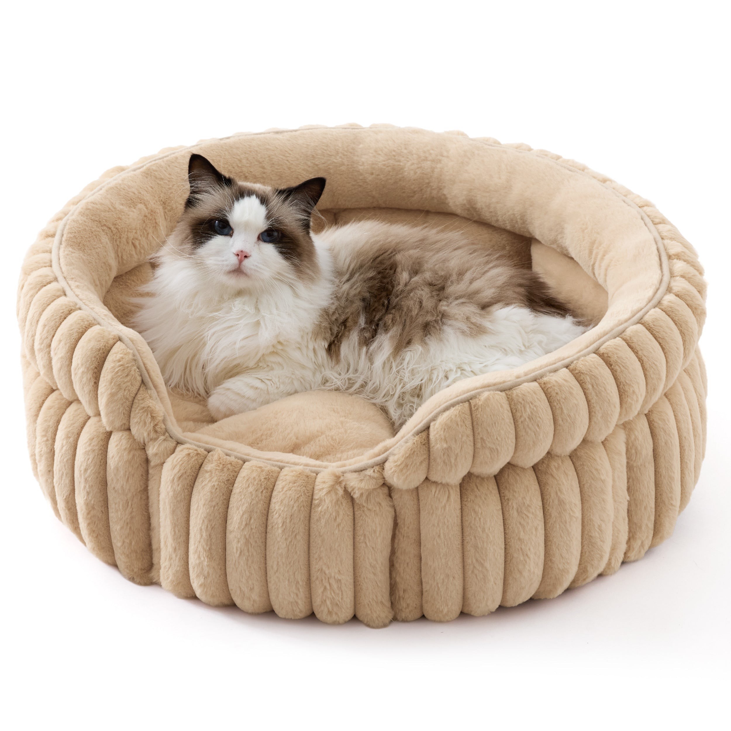 Corduroy Cat Bed with Removable Faux Fur Cushion - Sandy Beige