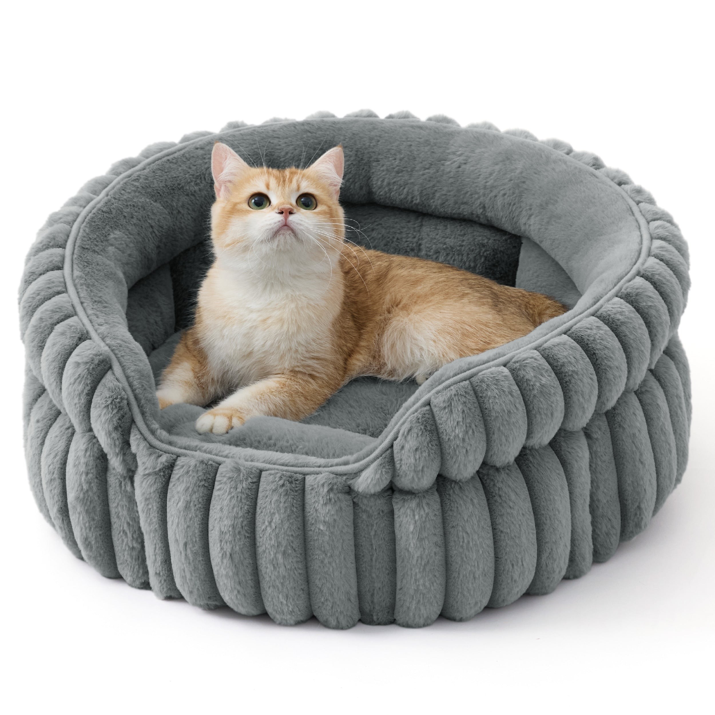 Corduroy Cat Bed with Removable Faux Fur Cushion - Warm Gray