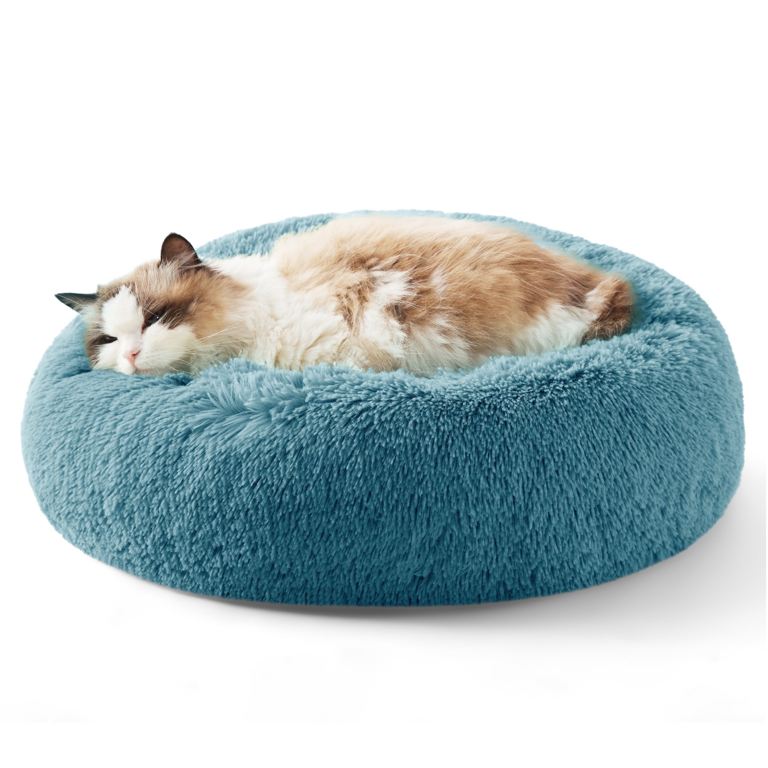 Faux Fur Donut Bed for Dogs and Cats - Washed Blue