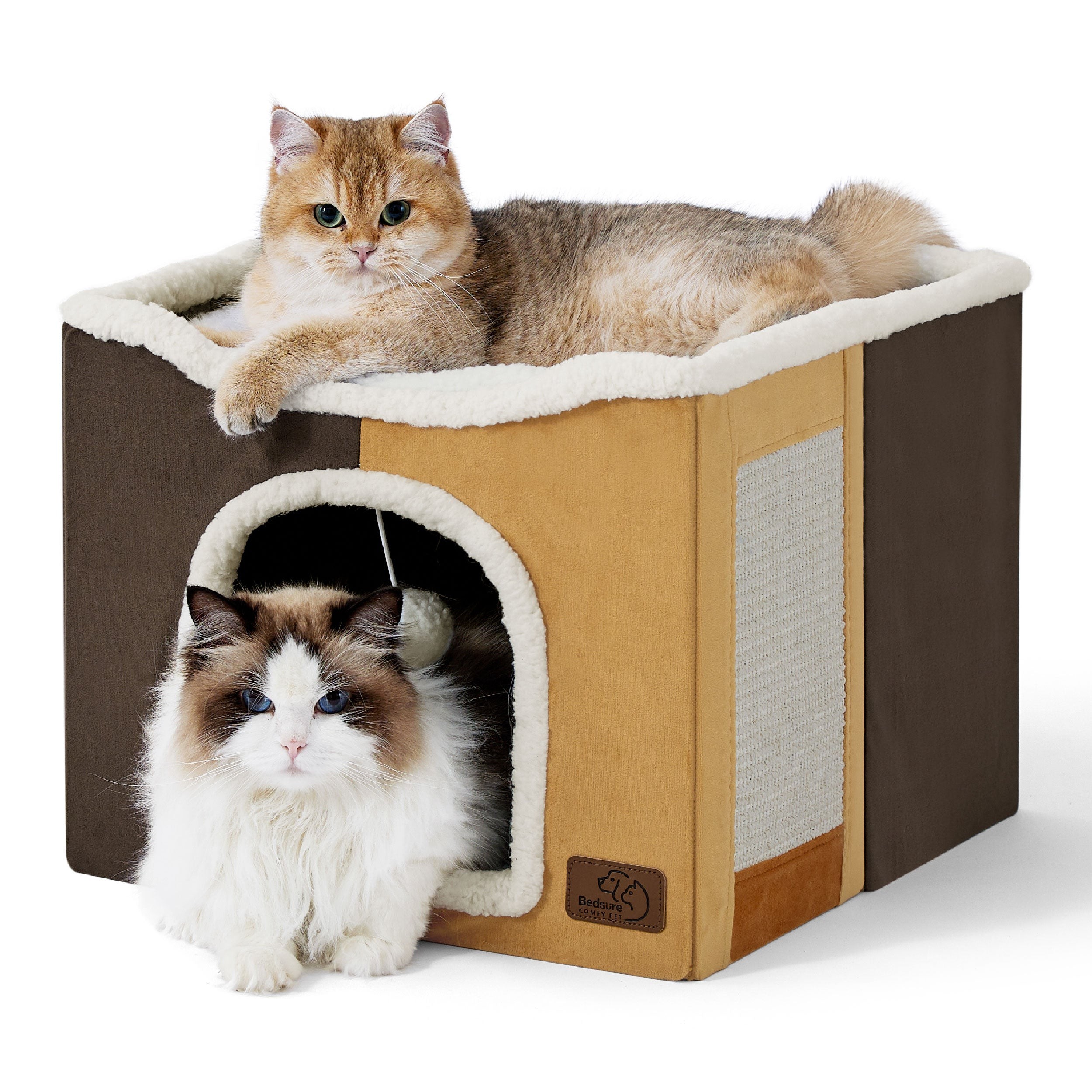 Indoor Cat House with Scratching Panel and Top Perch - Burnt Honeycomb