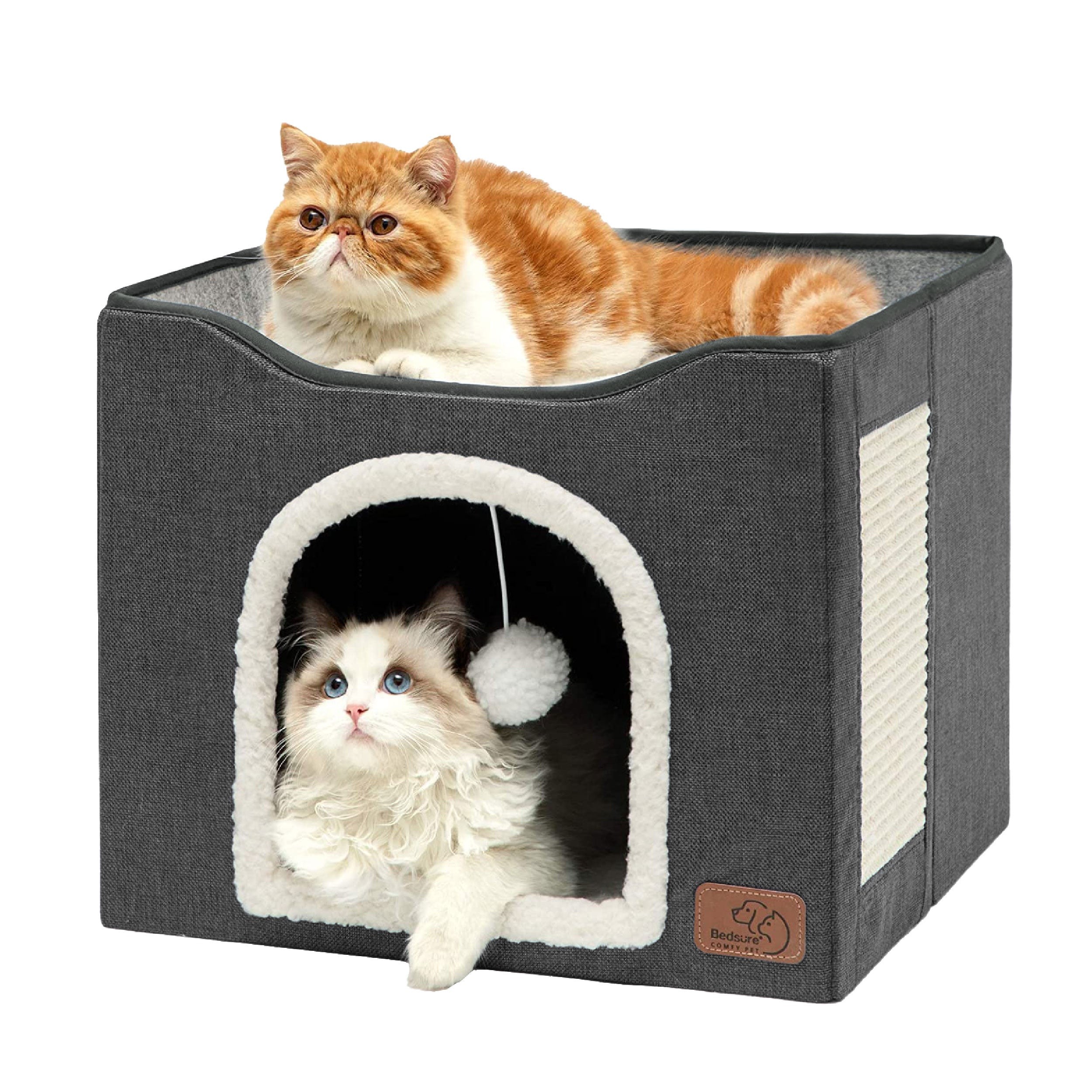Indoor Cat House with Scratching Panel and Top Perch - Dark Grey