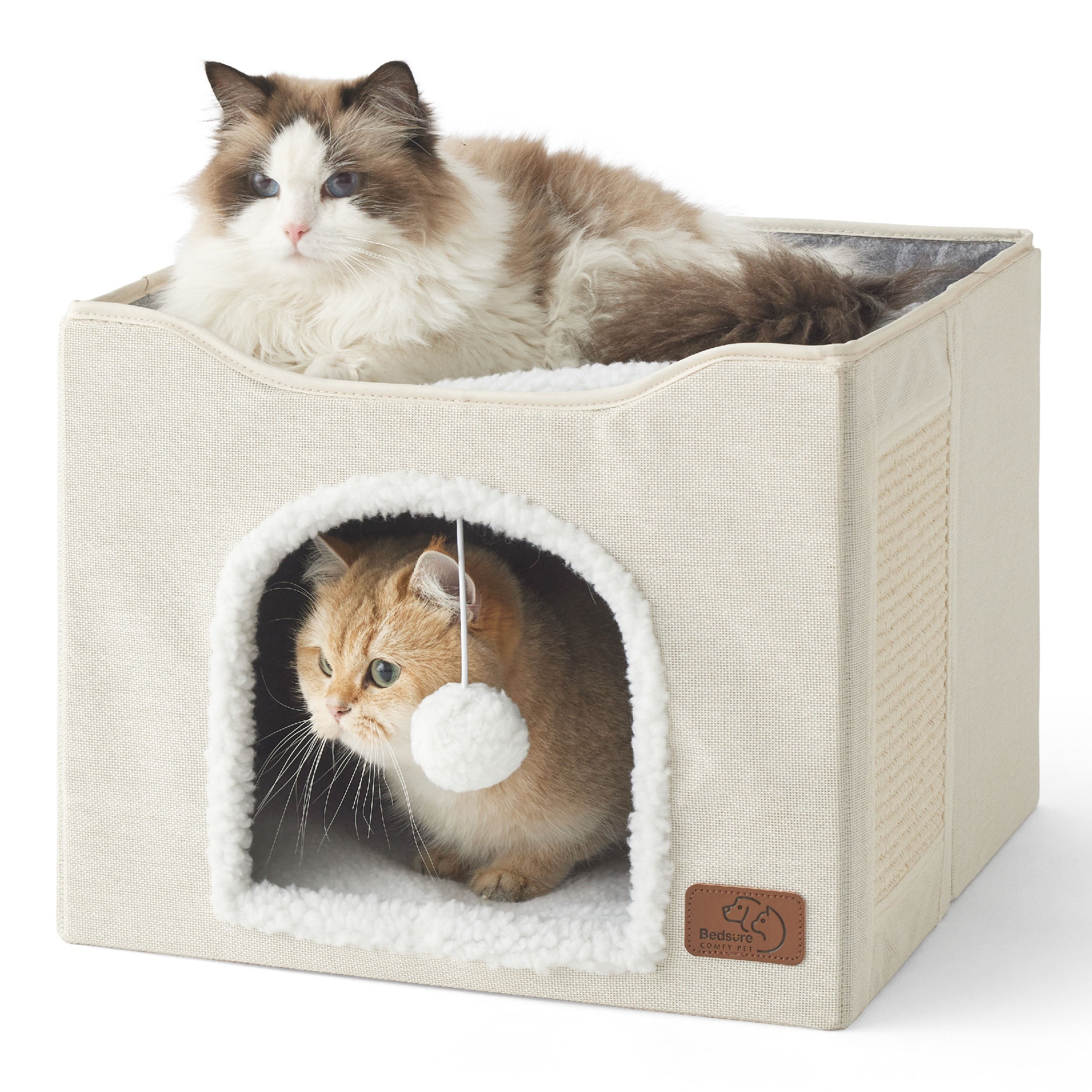 Indoor Cat House with Scratching Panel and Top Perch - Ivory