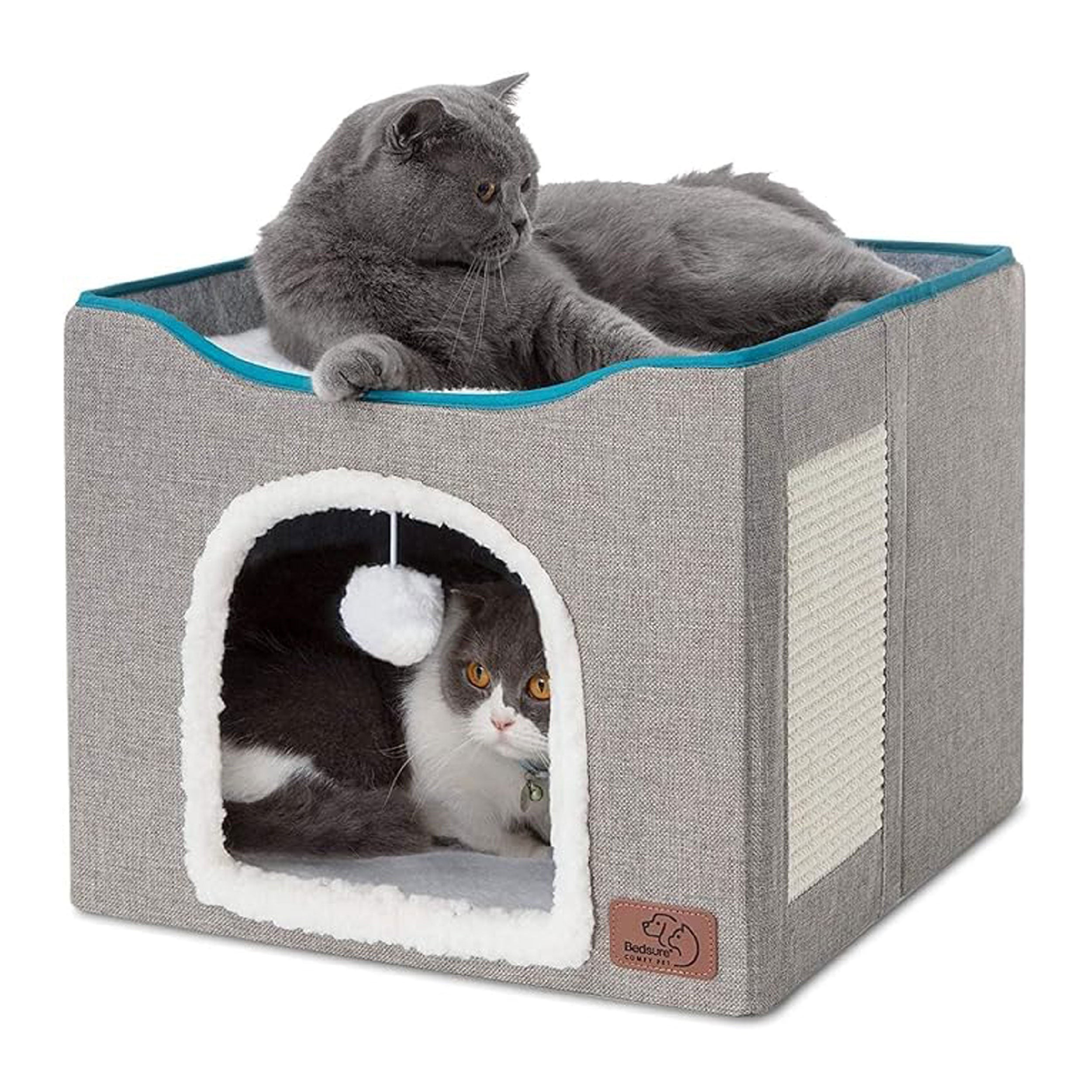 Indoor Cat House with Scratching Panel and Top Perch - Light Grey