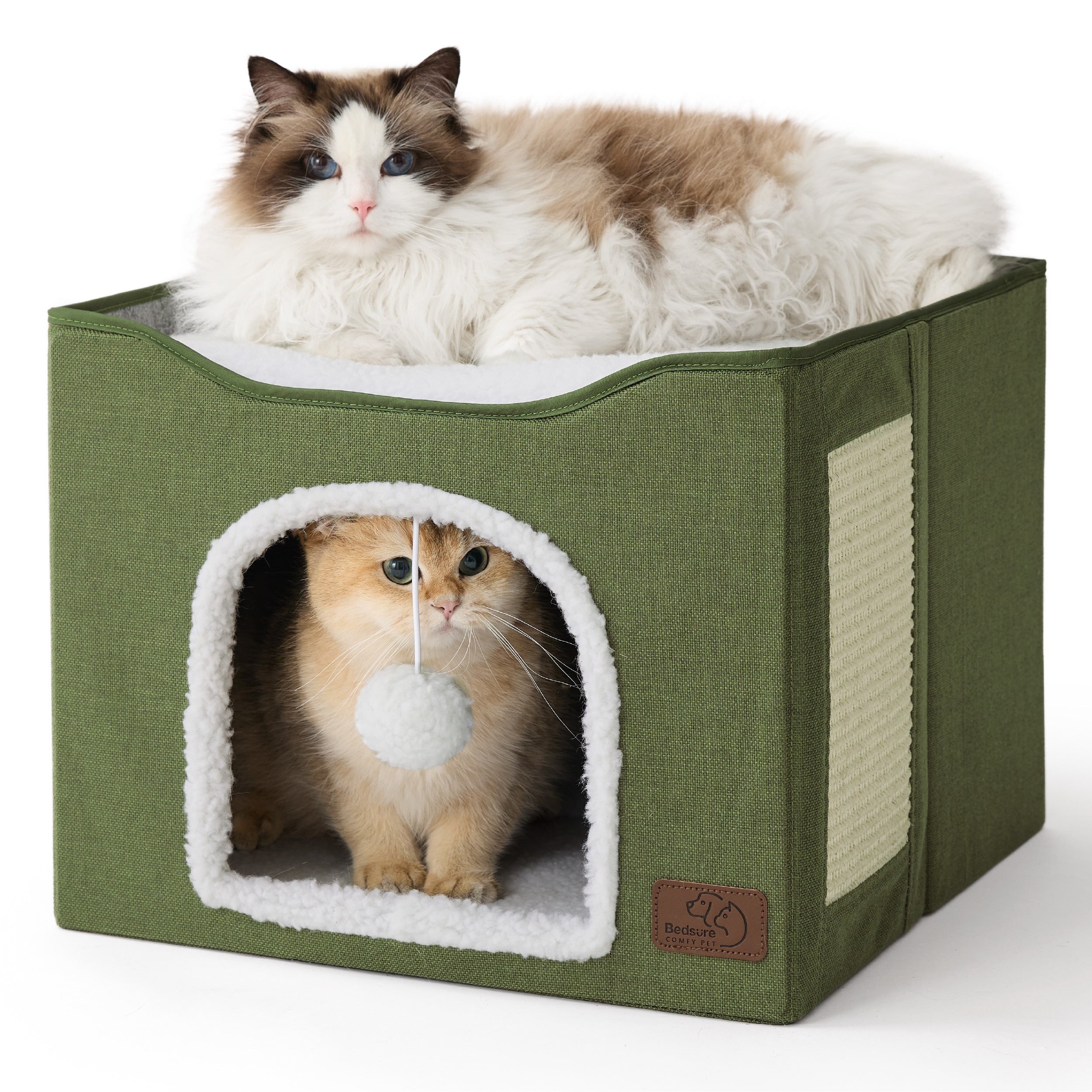 Indoor Cat House with Scratching Panel and Top Perch - Loden Green