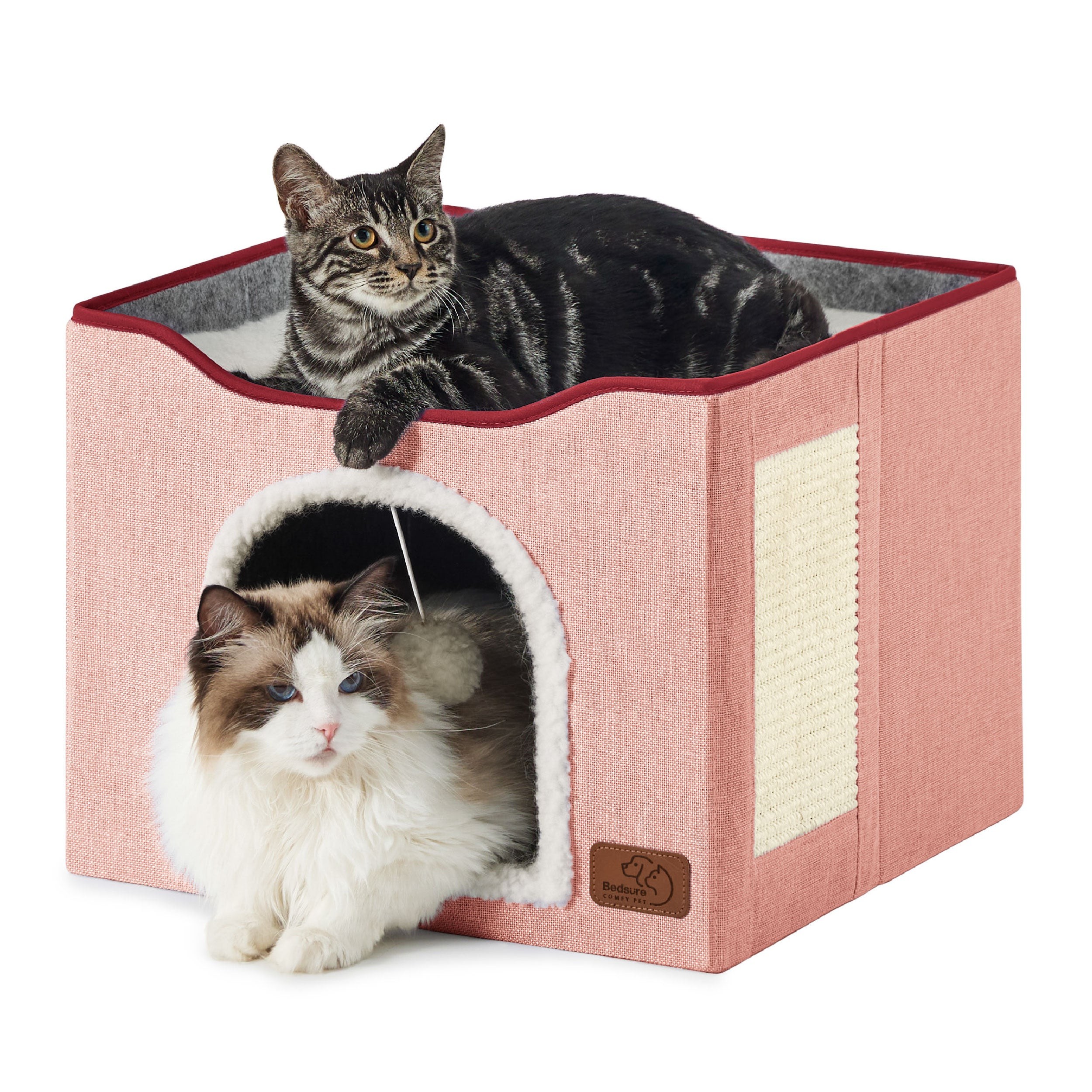 Indoor Cat House with Scratching Panel and Top Perch - Pink