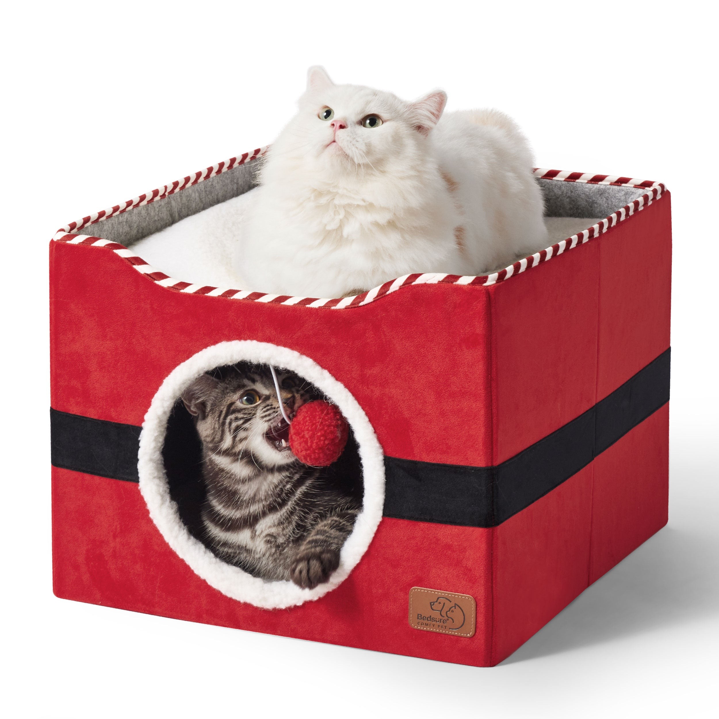 Indoor Cat House with Scratching Panel and Top Perch - Red