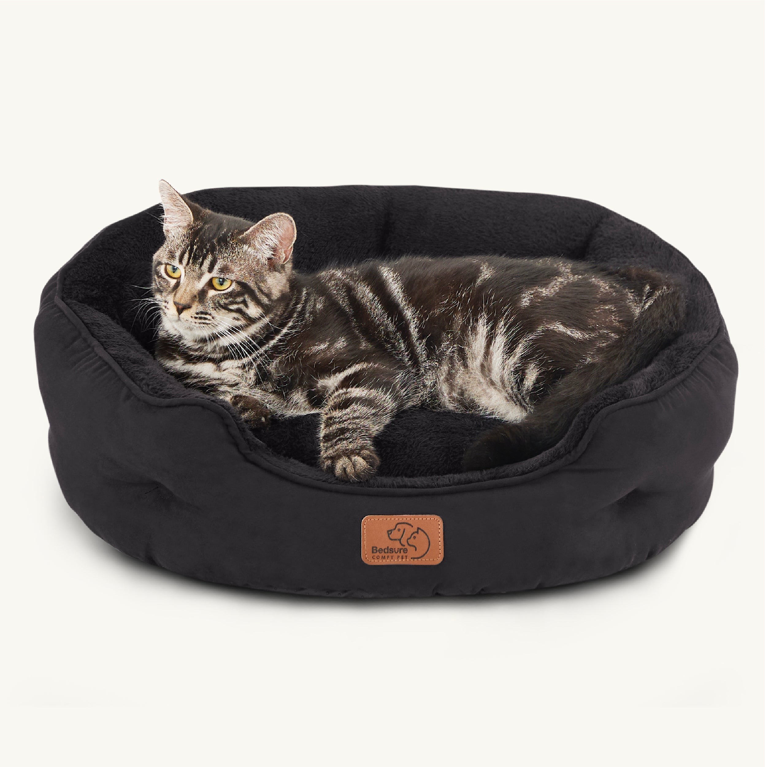 Round Sherpa Dog Bed with Cushioned Rim - Black