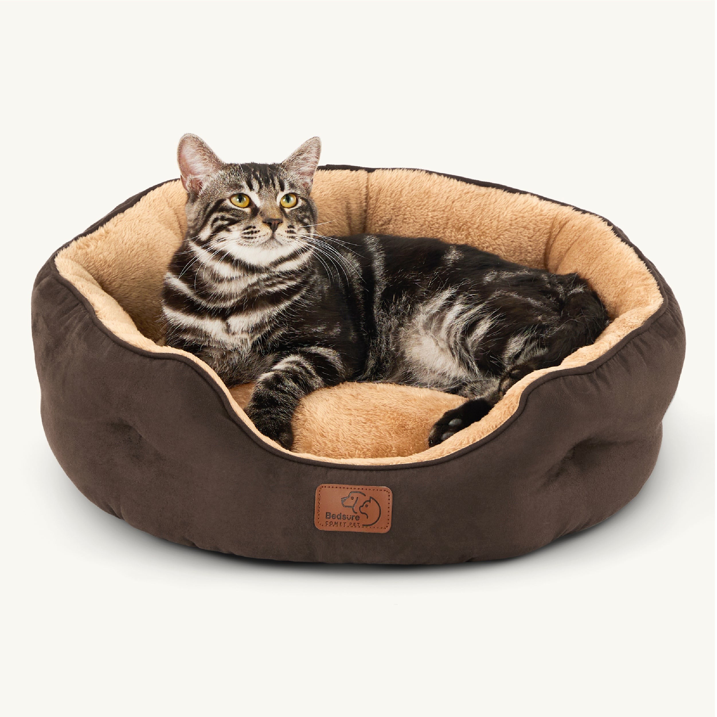 Round Sherpa Dog Bed with Cushioned Rim - Brown