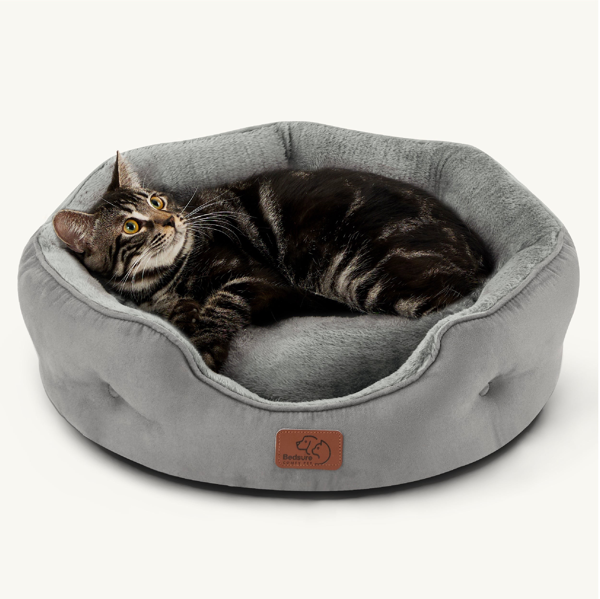 Round Sherpa Dog Bed with Cushioned Rim - Gray