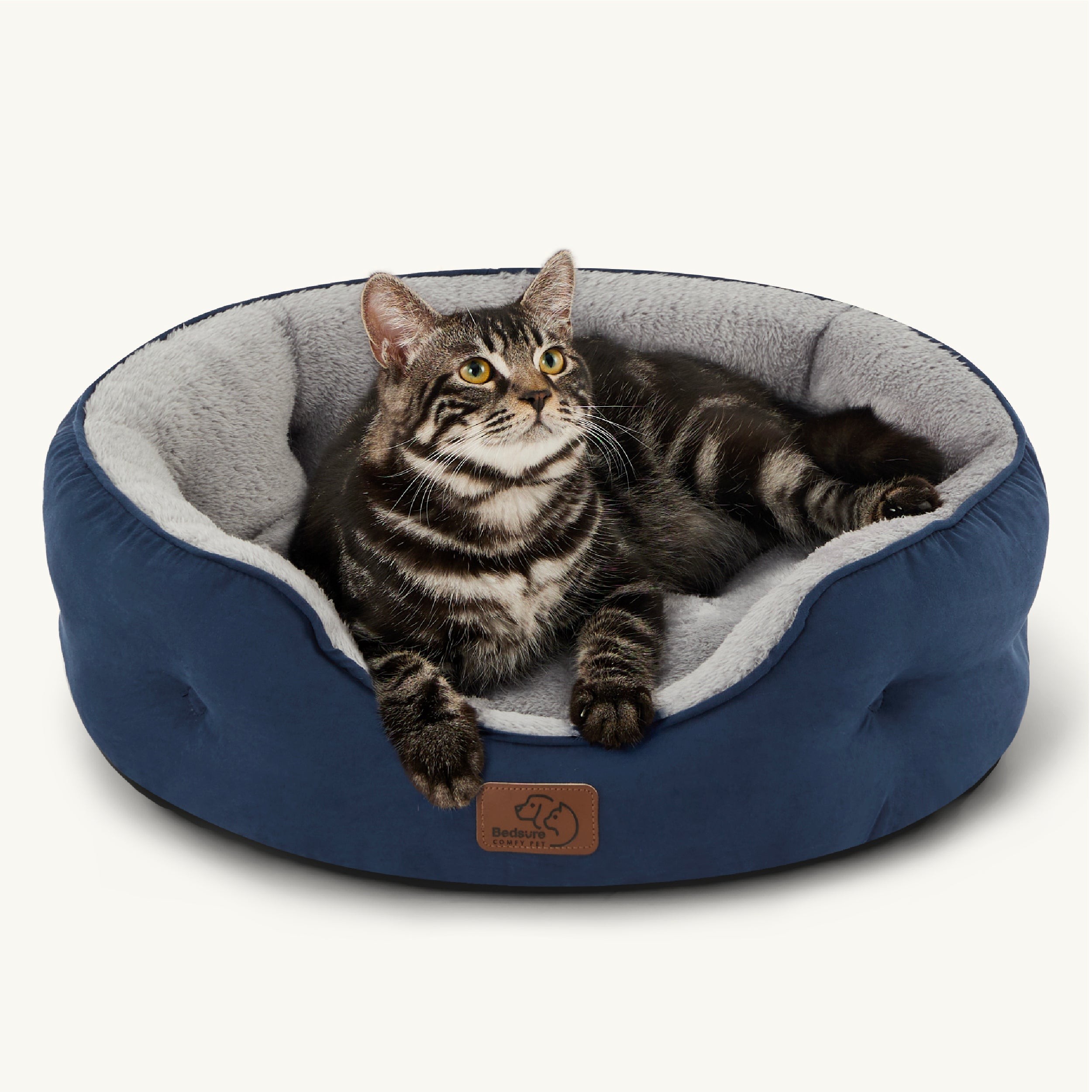 Round Sherpa Dog Bed with Cushioned Rim - Navy