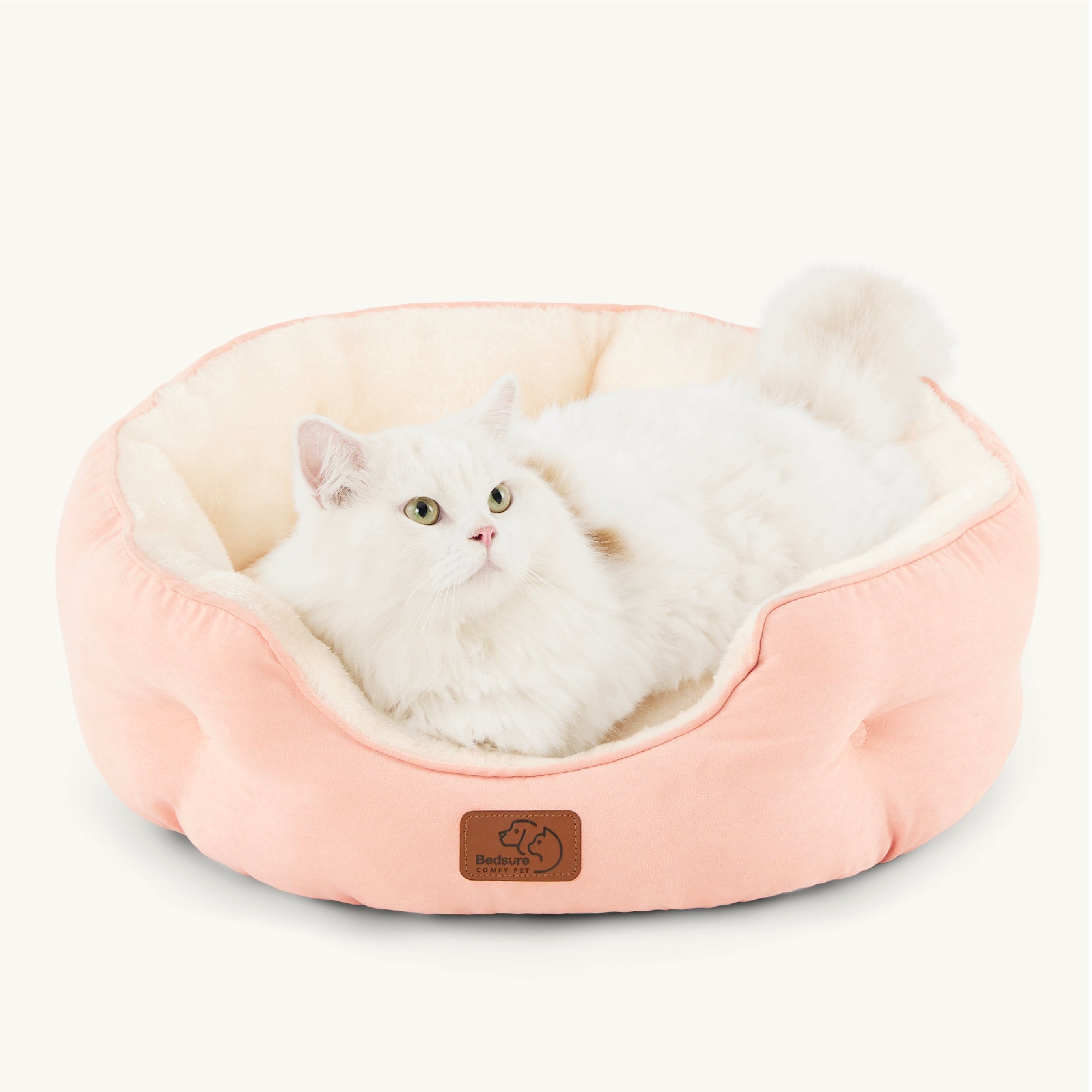 Round Sherpa Dog Bed with Cushioned Rim - Peach Pink