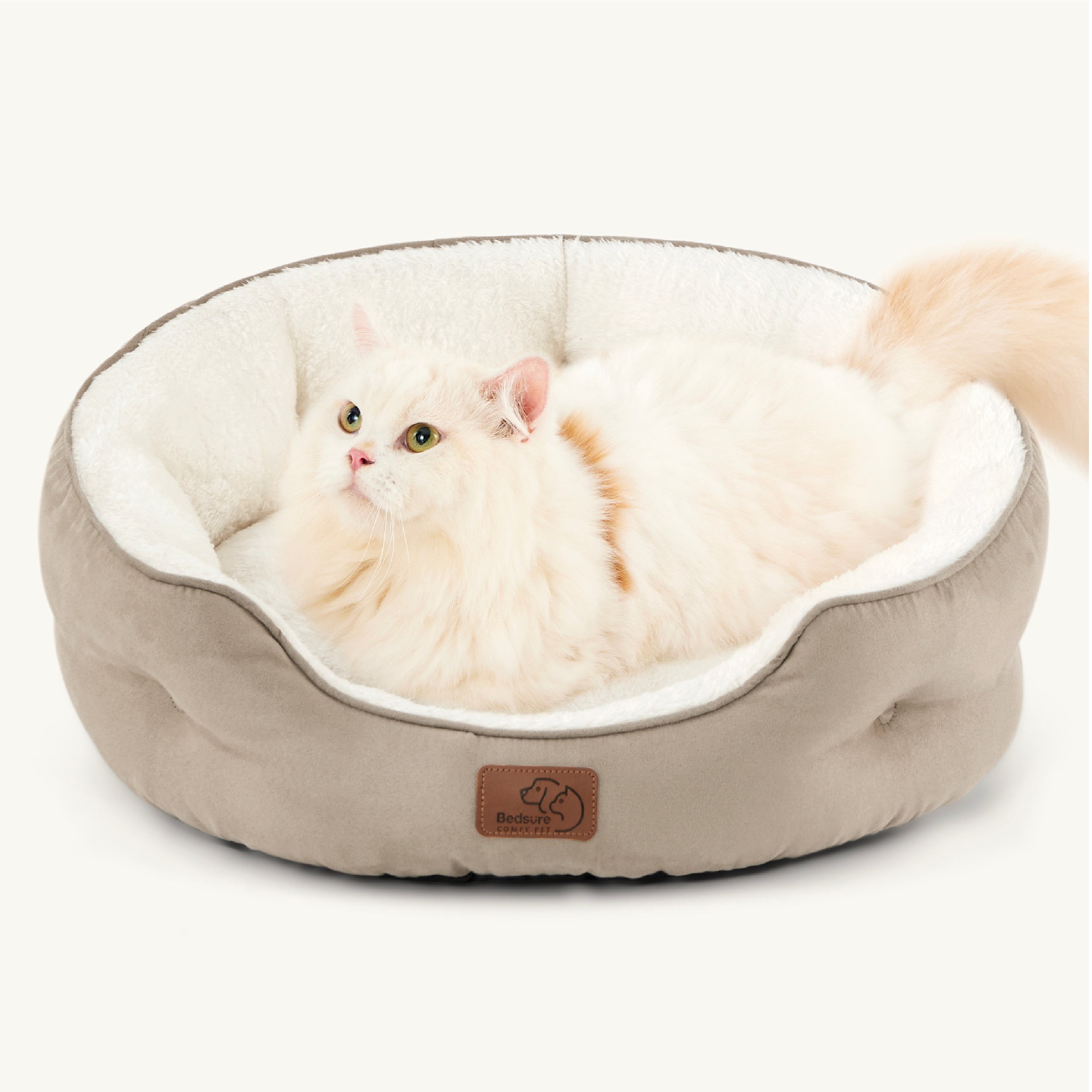 Round Sherpa Dog Bed with Cushioned Rim - Taupe
