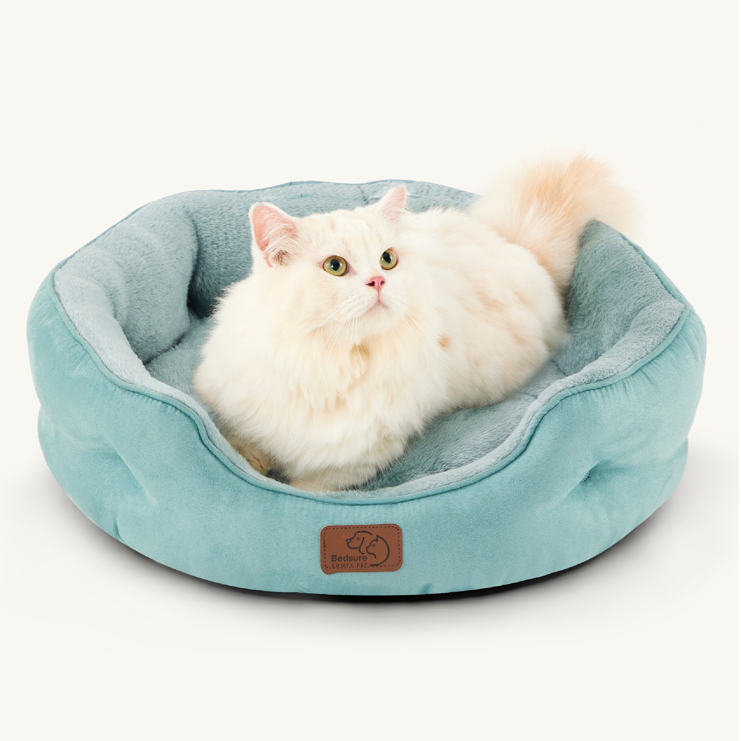 Round Sherpa Dog Bed with Cushioned Rim - Washed Blue