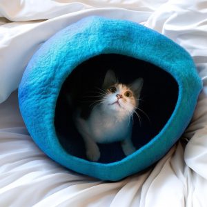 Cerulean Blue Felted Wool Cat Cave