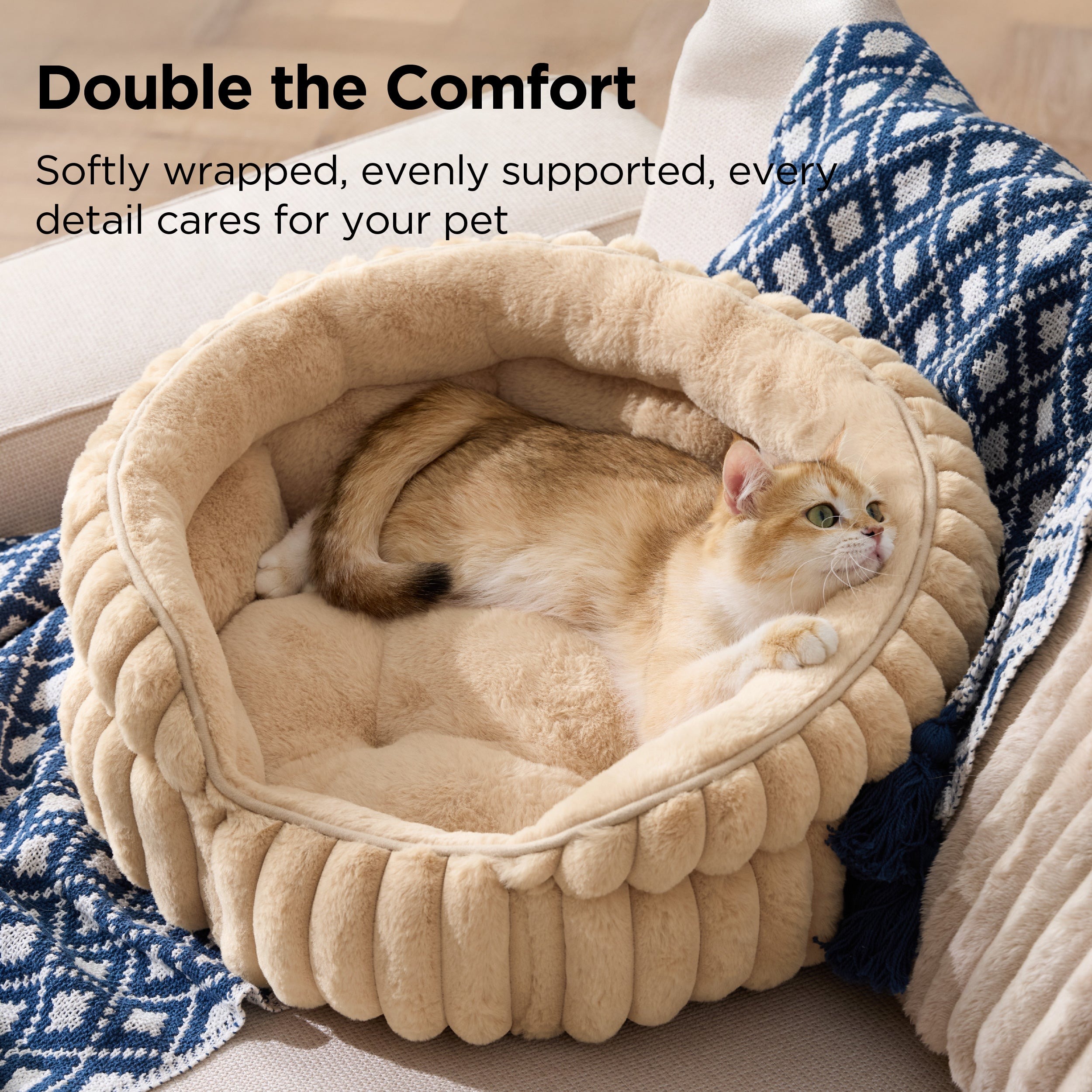 Corduroy Cat Bed with Removable Faux Fur Cushion