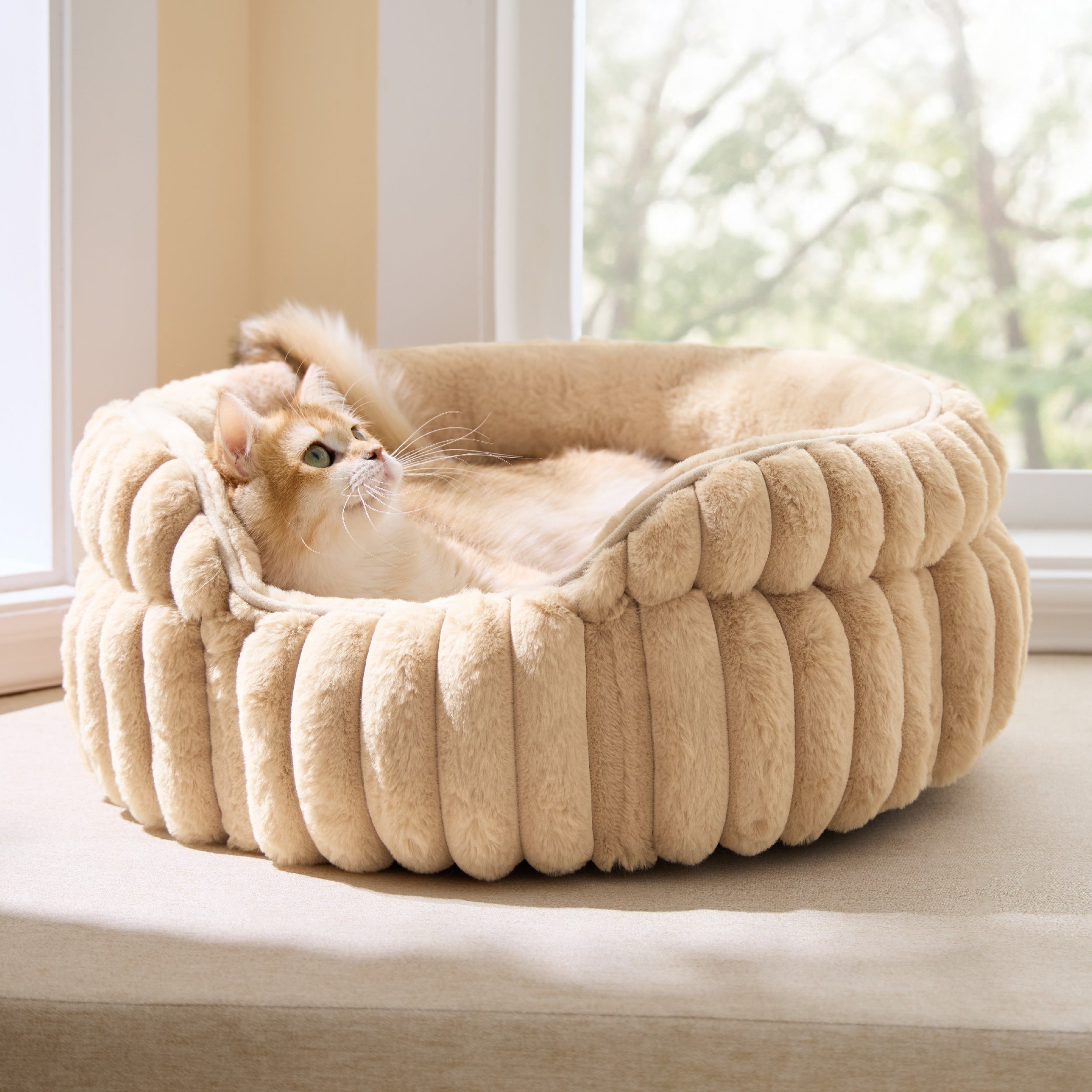 Corduroy Cat Bed with Removable Faux Fur Cushion