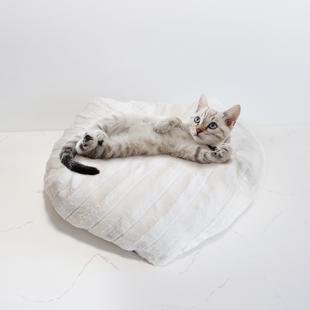Ivory Textured Faux Fur Pouf Cat Bed